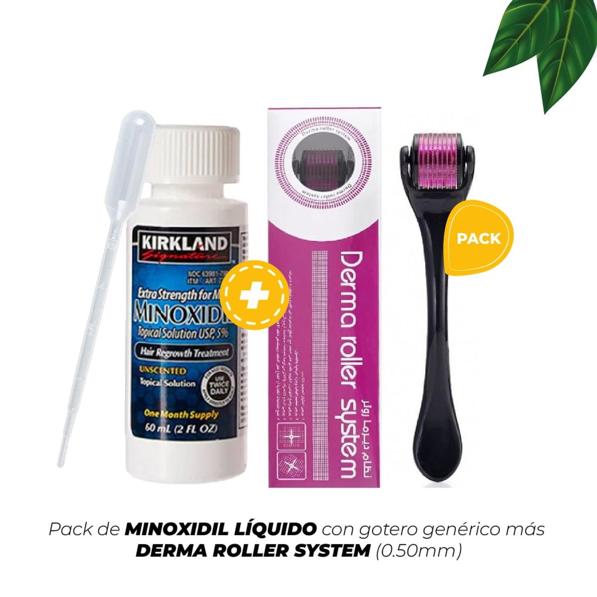 KIRKLAND - Minoxidil Líquido 1 frasco + DermaRoller System