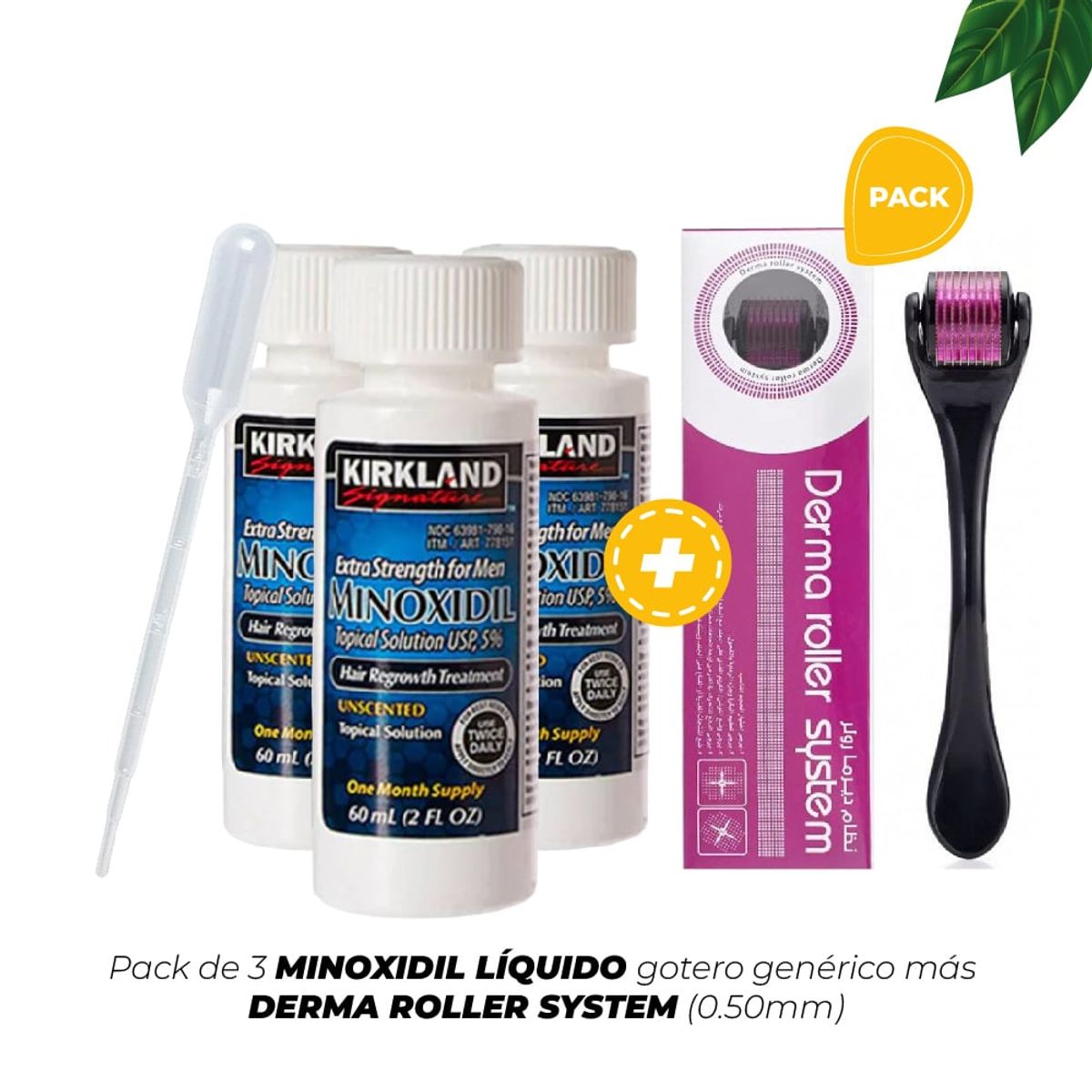 KIRKLAND - Minoxidil Líquido 03 frasco + DermaRoller System