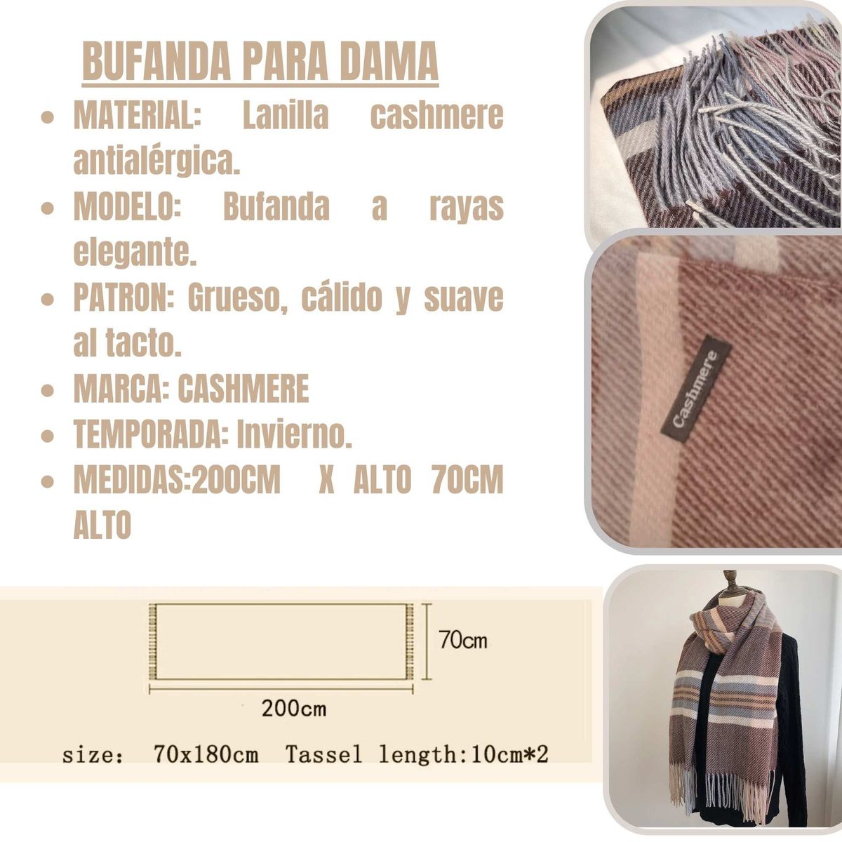 GENERICO - Bufanda chalina para dama de cashmere genuino