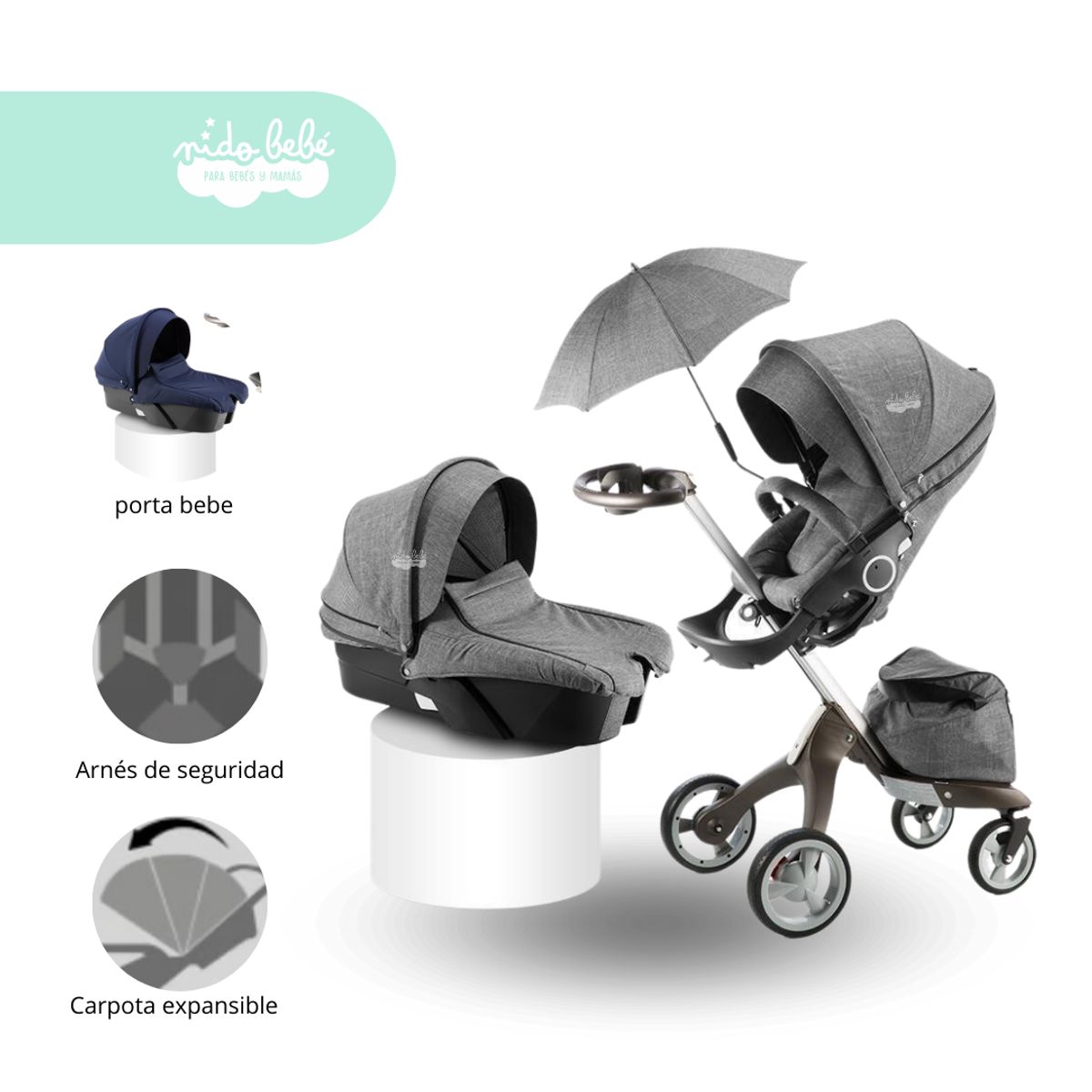 GENERICO - Coche Cuna con Porta Bebé Baby Confort Plomo