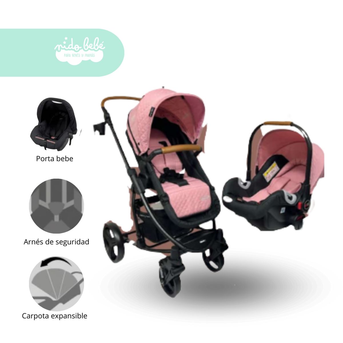 GENERICO - Coche Cuna con Porta Bebé Prima Plus Rosado