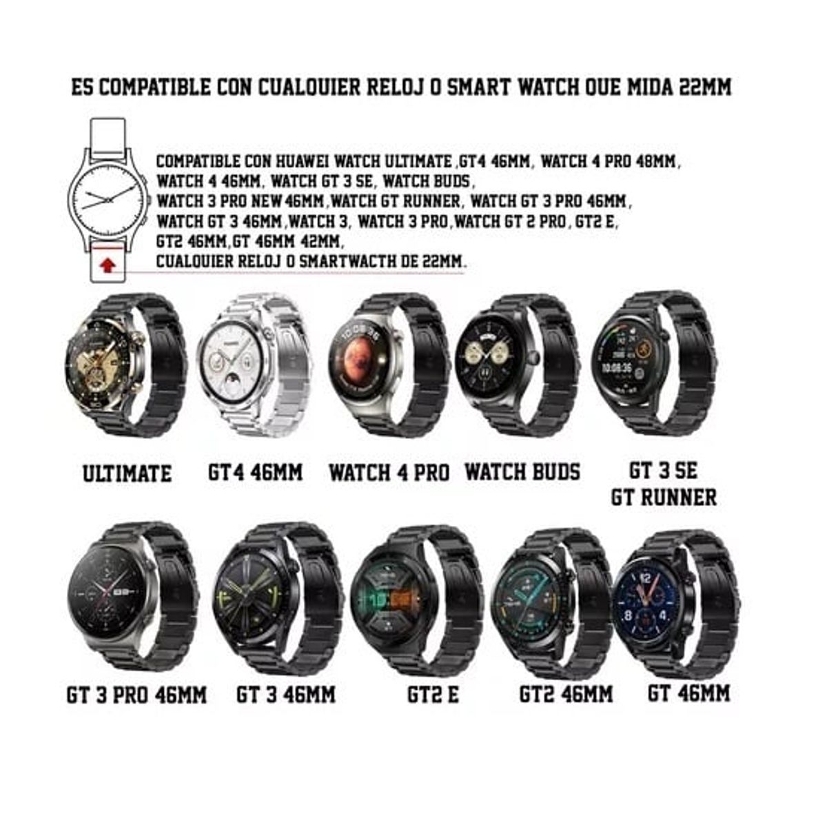 GENERICO - CORREA ESLABONES PARA HUAWEI WATCH GT NEGROPLATA