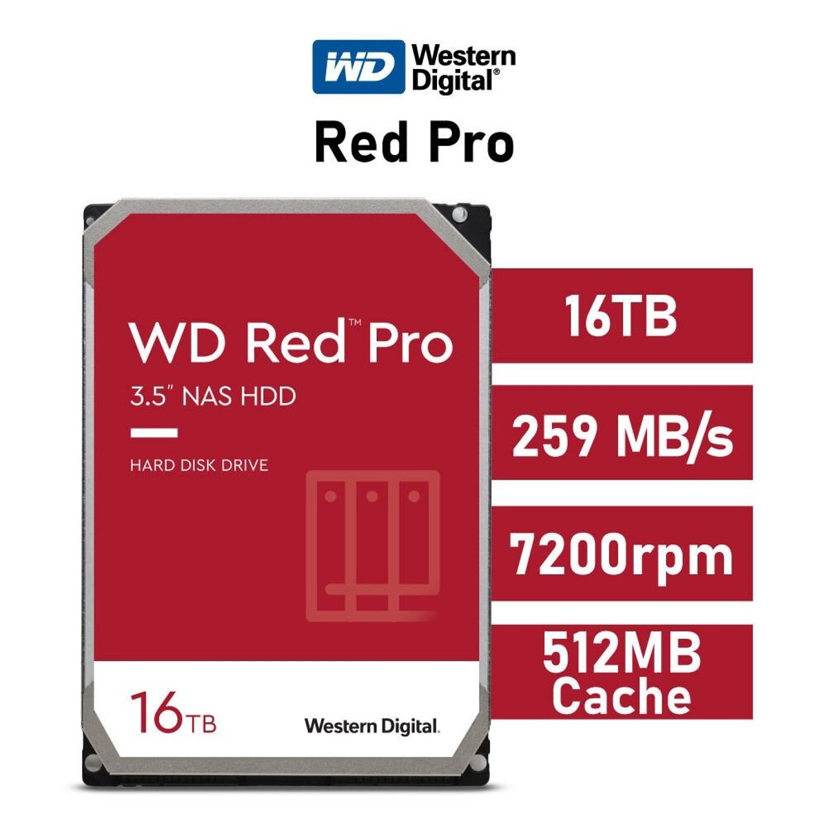 WESTER DIGITAL - Disco Duro Western Digital Red Pro 16TB NAS 512MB Cache SATA 7200RPM