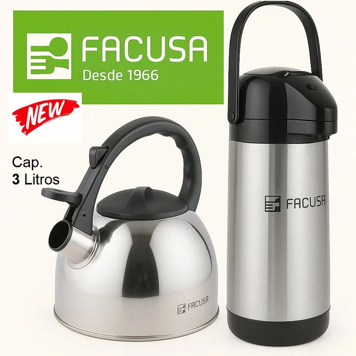 FACUSA - Combo Tetera Acero Inox  3litros y Termo Sifón 1.9 Lts. Facusa GARANTIA