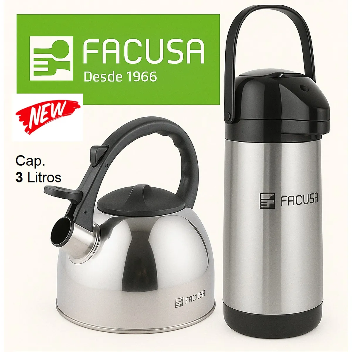 FACUSA - Combo Tetera Acero Inox  3litros y Termo Sifón 1.9 Lts. Facusa GARANTIA
