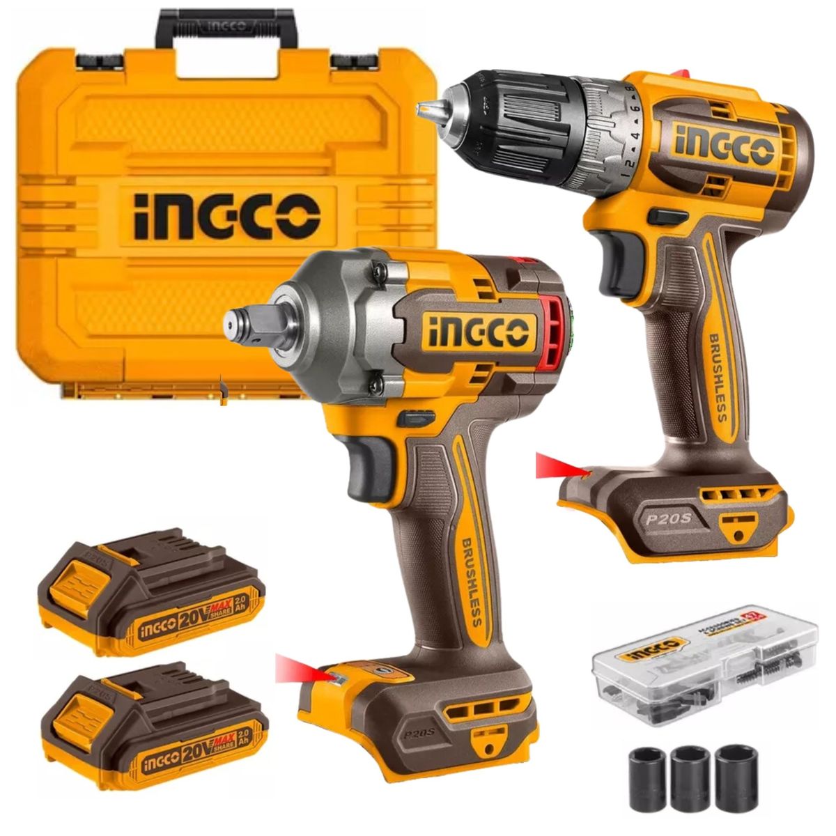 INGCO TOOLS - COMBO TALADRO INALAMBRICO 20 BRUSHLESS + LLAVE DE IMPACTO  INGCO