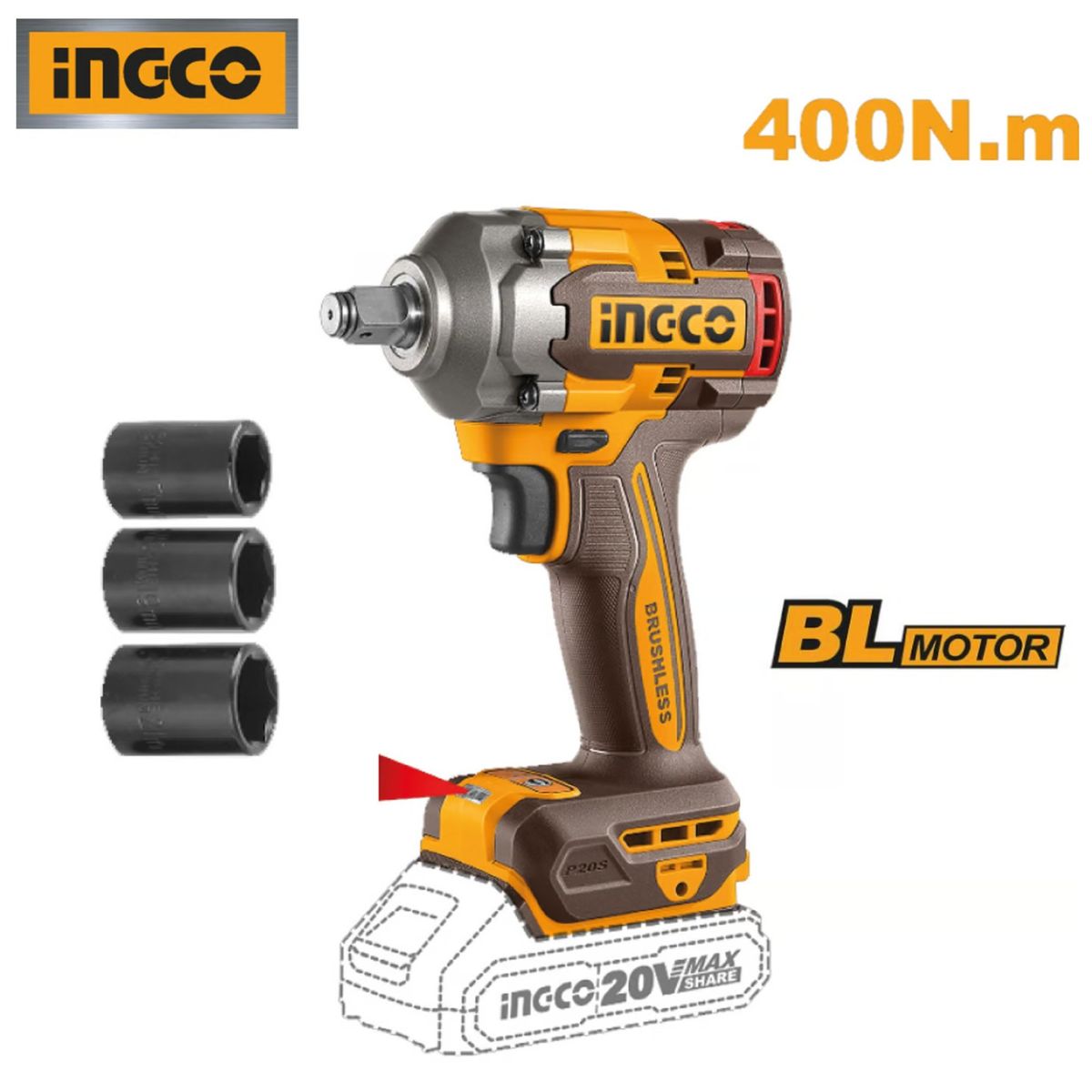 INGCO TOOLS - COMBO TALADRO INALAMBRICO 20 BRUSHLESS + LLAVE DE IMPACTO  INGCO