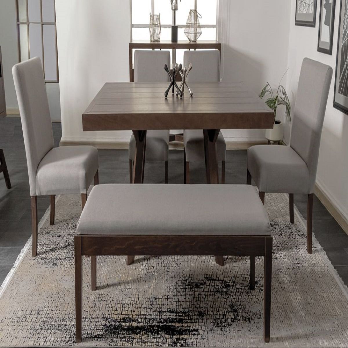 DMUEBLES - Comedor Dmuebles 4 sillas + banqueta Granada - Gris claro/Nogal