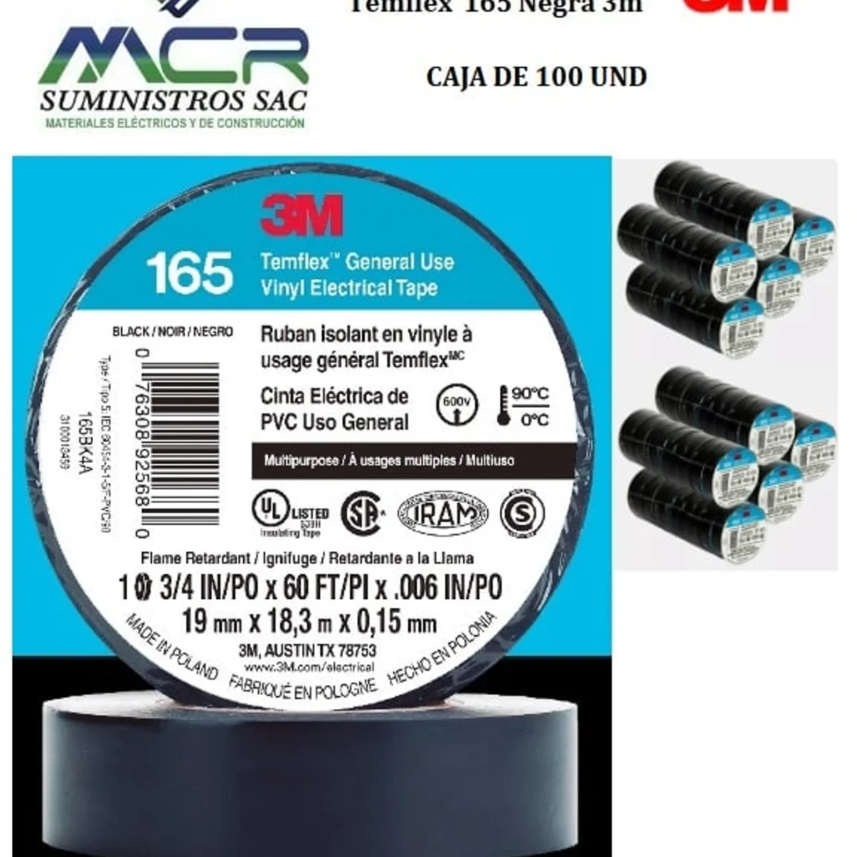 3M - Cinta aislante 3/4 x 18m Temflex 165 Negra 3m x caja de 100 rollos