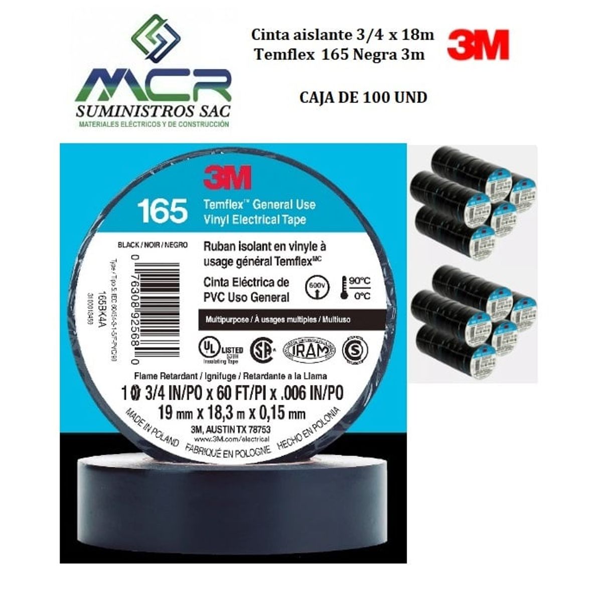 3M - Cinta aislante 3/4 x 18m Temflex 165 Negra 3m x caja de 100 rollos