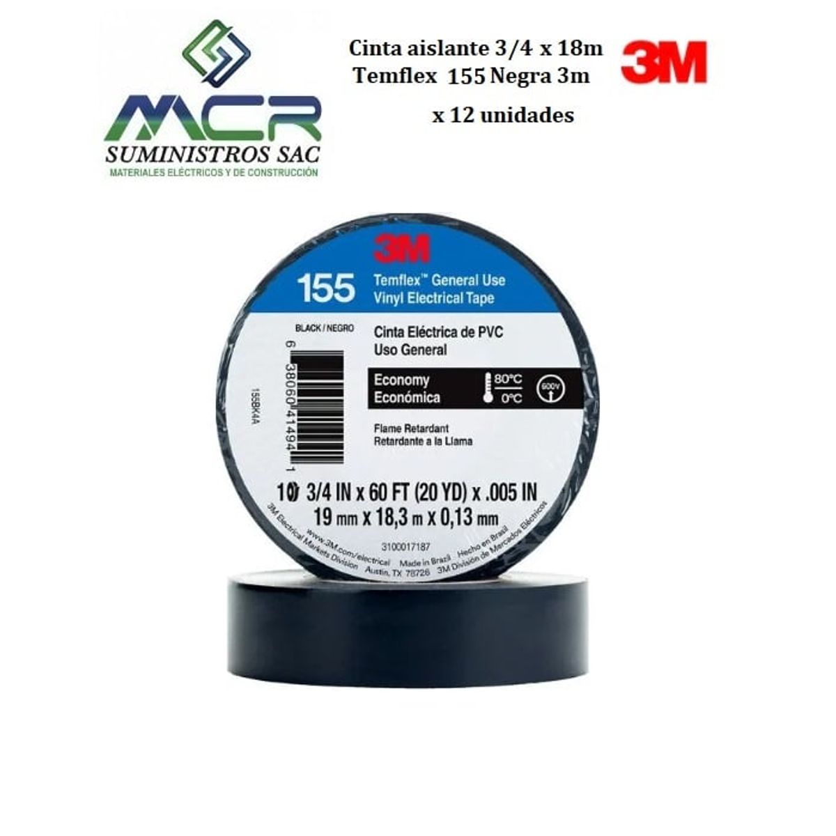 3M - Cinta aislante 3/4 x 18m Temflex 155 Negra 3m x 12 rollos