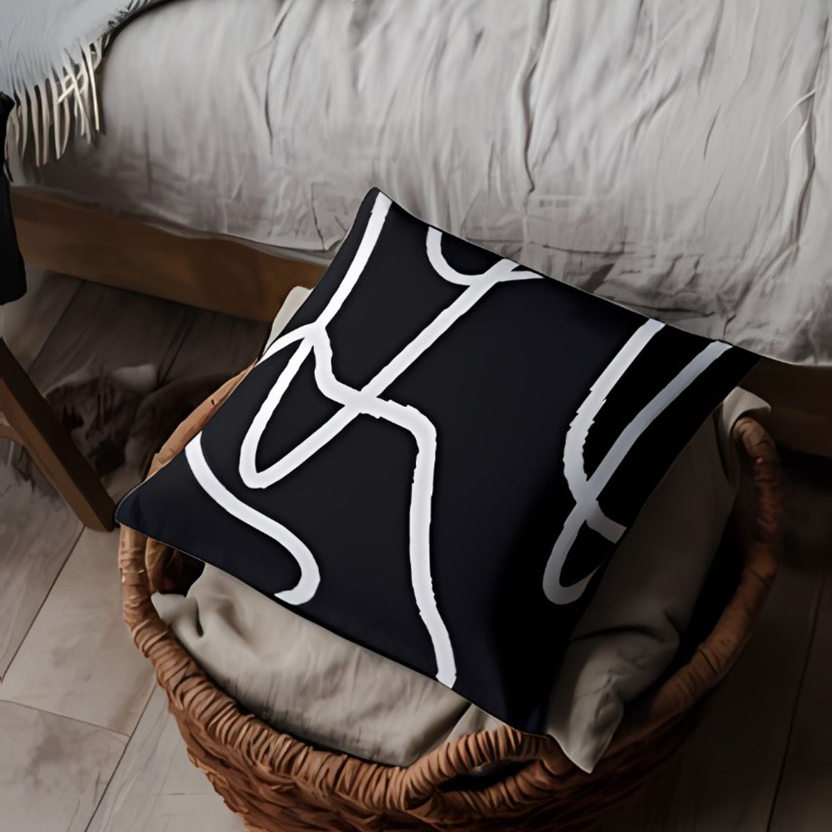 GENERICO - Cojin Minimalista  Home Lazos Blancos Sublimado Negro 40 X 40 Cm