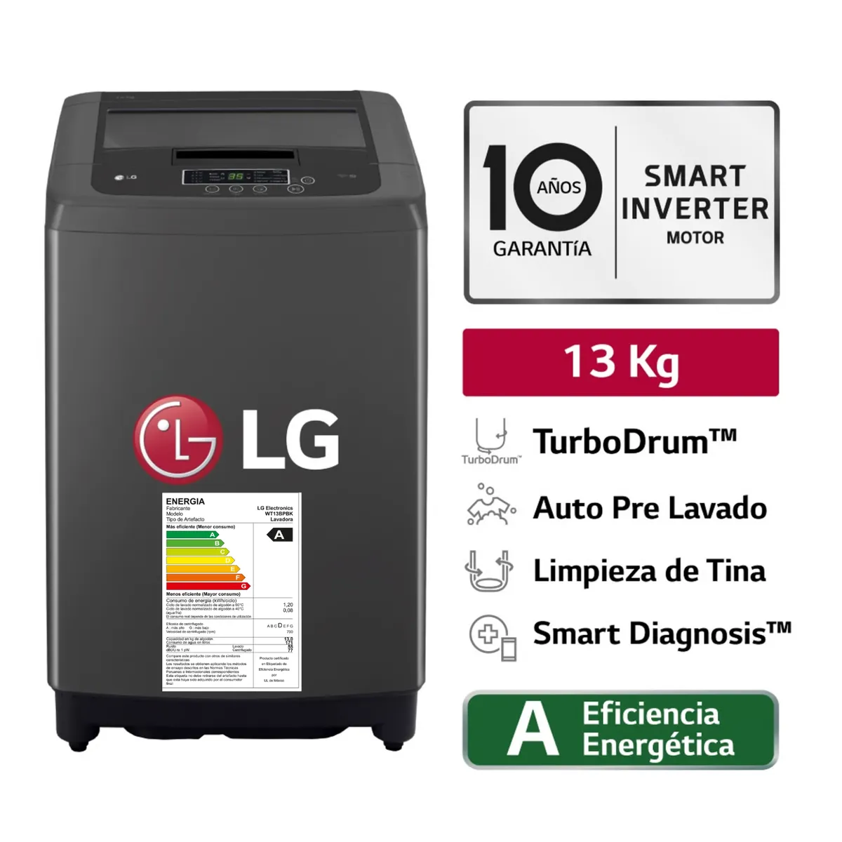 LG - LAVADORA LG - WT13BPBK 13KG CARGA SUPERIOR NEGRO CLARO