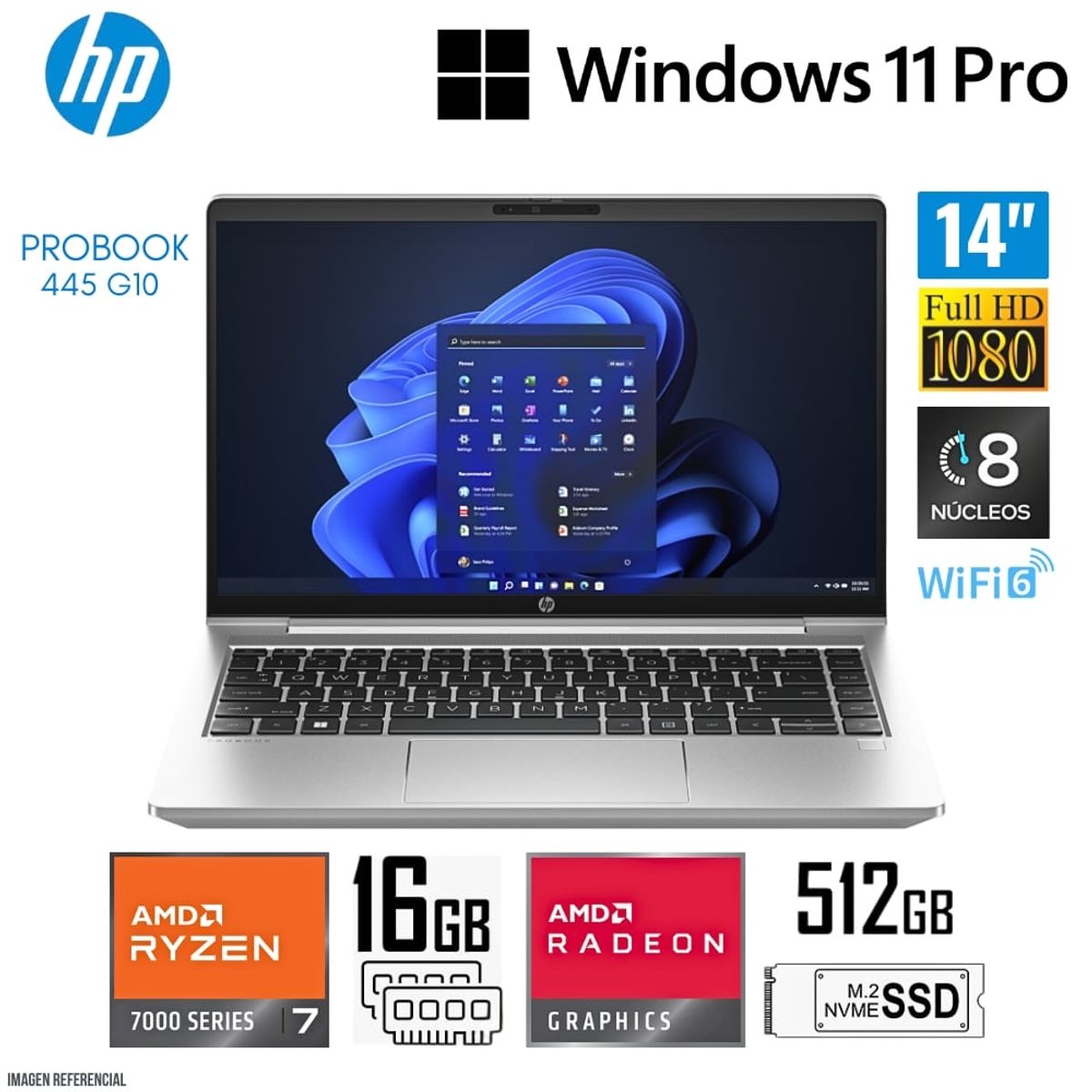 HP - Laptop HP ProBook 445 G10 AMD Ryzen 7 (Serie 7) 16GB RAM 512GB SSD 14" FHD Windows 11 Pro