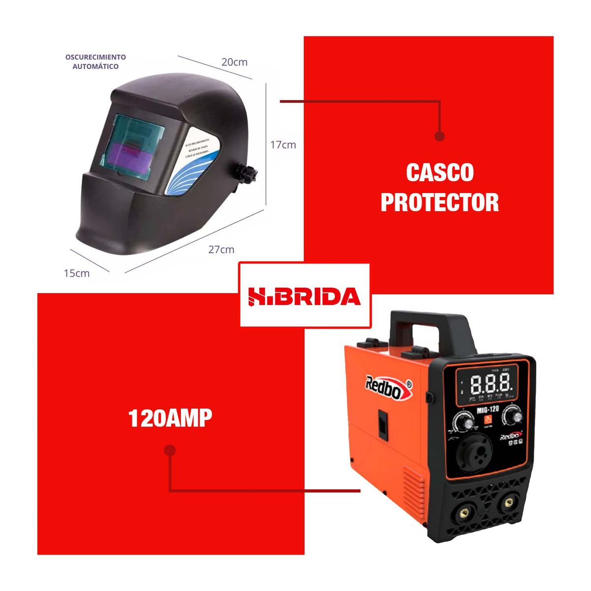 REDBO - SOLDADORA MIG-120 REDBO + CARETA FOTOSENSIBLE + ALAMBRE 1KG - COMBO