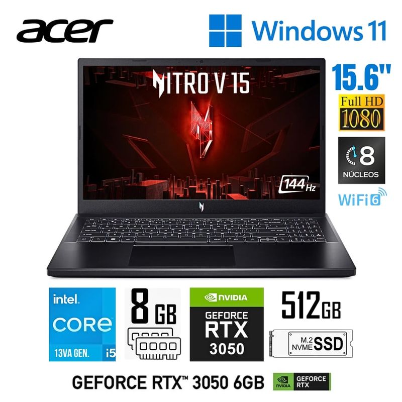 ACER - Laptop Acer NITRO V15 ANV15-51-56GH Intel Core i5 13va 8GB RAM 512GB SSD 15.6" FHD  RTX3050 Win 11