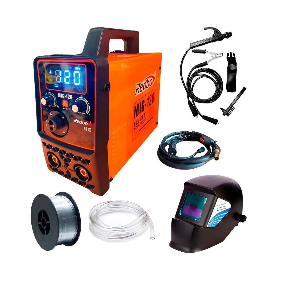REDBO - SOLDADORA MIG-120 REDBO NARANJA + ALAMBRE 10MM 1KG + GUANTE - COMBO