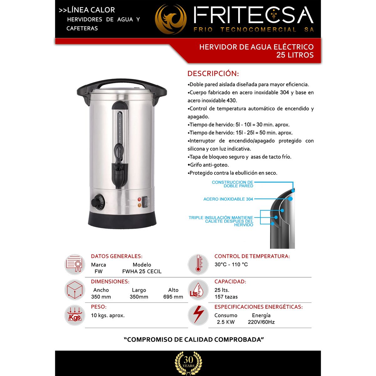 FRITECSA - Hervidor Industrial De 25 Litros Y Doble Pared