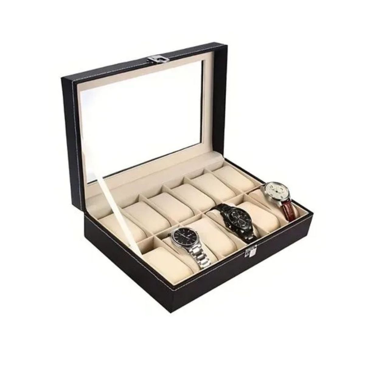 GENERICO - Caja Porta Relojes 12 Espacios Cuero Forrado
