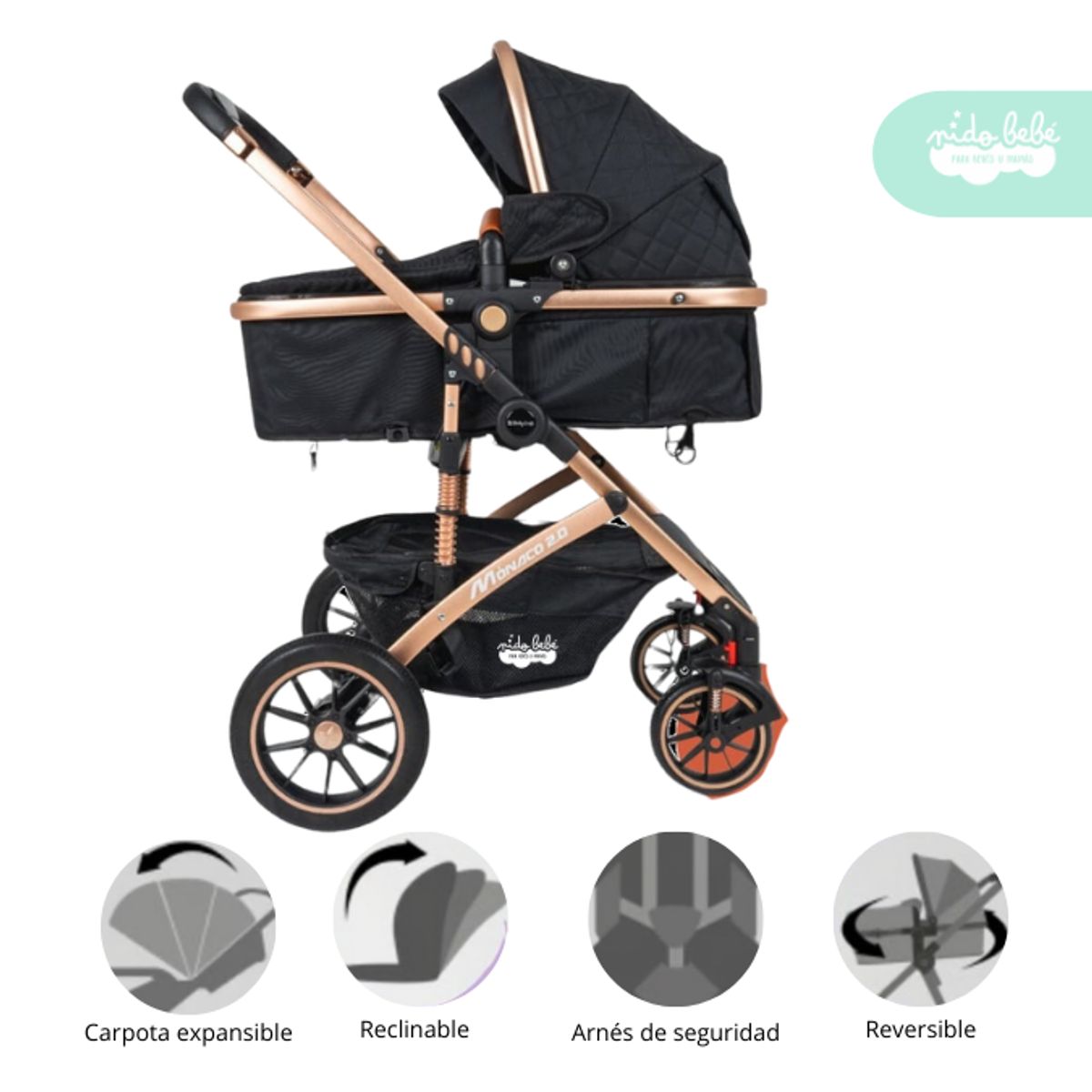 GENERICO - Coche Cuna Modelo Monaco Golden color Negro