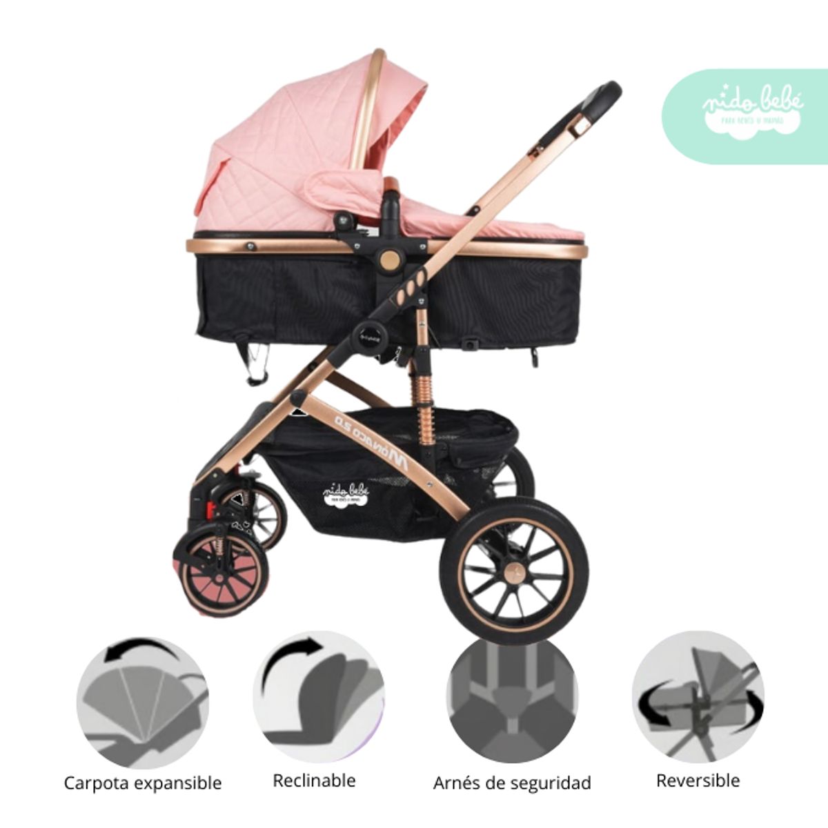 GENERICO - Coche Cuna Modelo Monaco Golden color Rosado