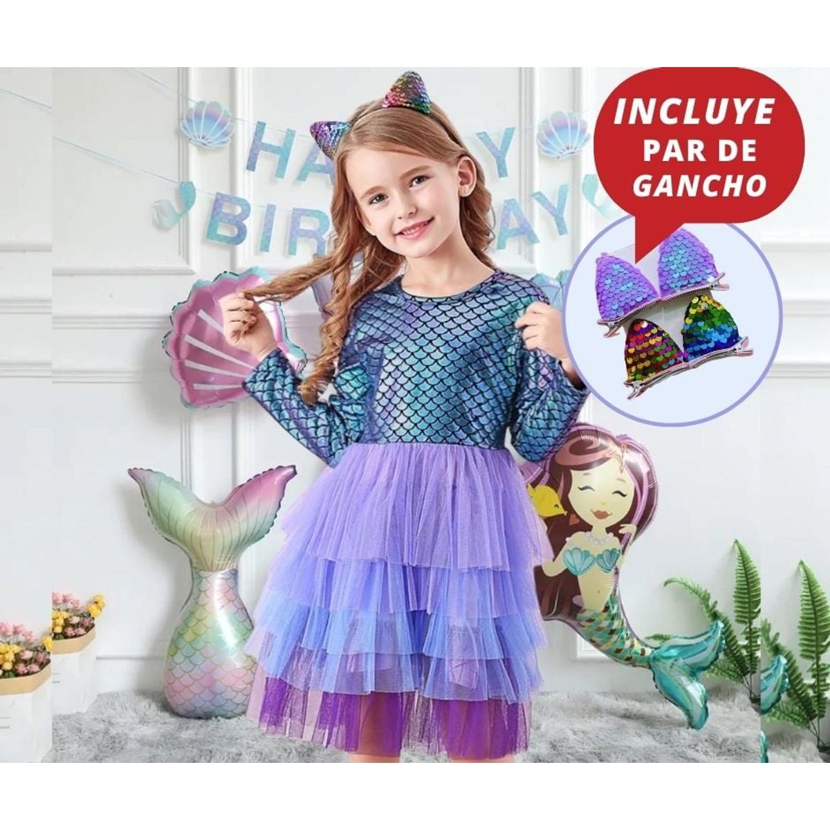 GENERICO - VESTIDO DE NIÑA  SIRENA  ARIEL + GANCHO
