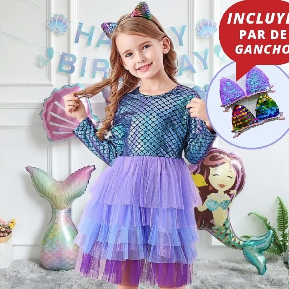 GENERICO - VESTIDO DE NIÑA  SIRENA  ARIEL + GANCHO