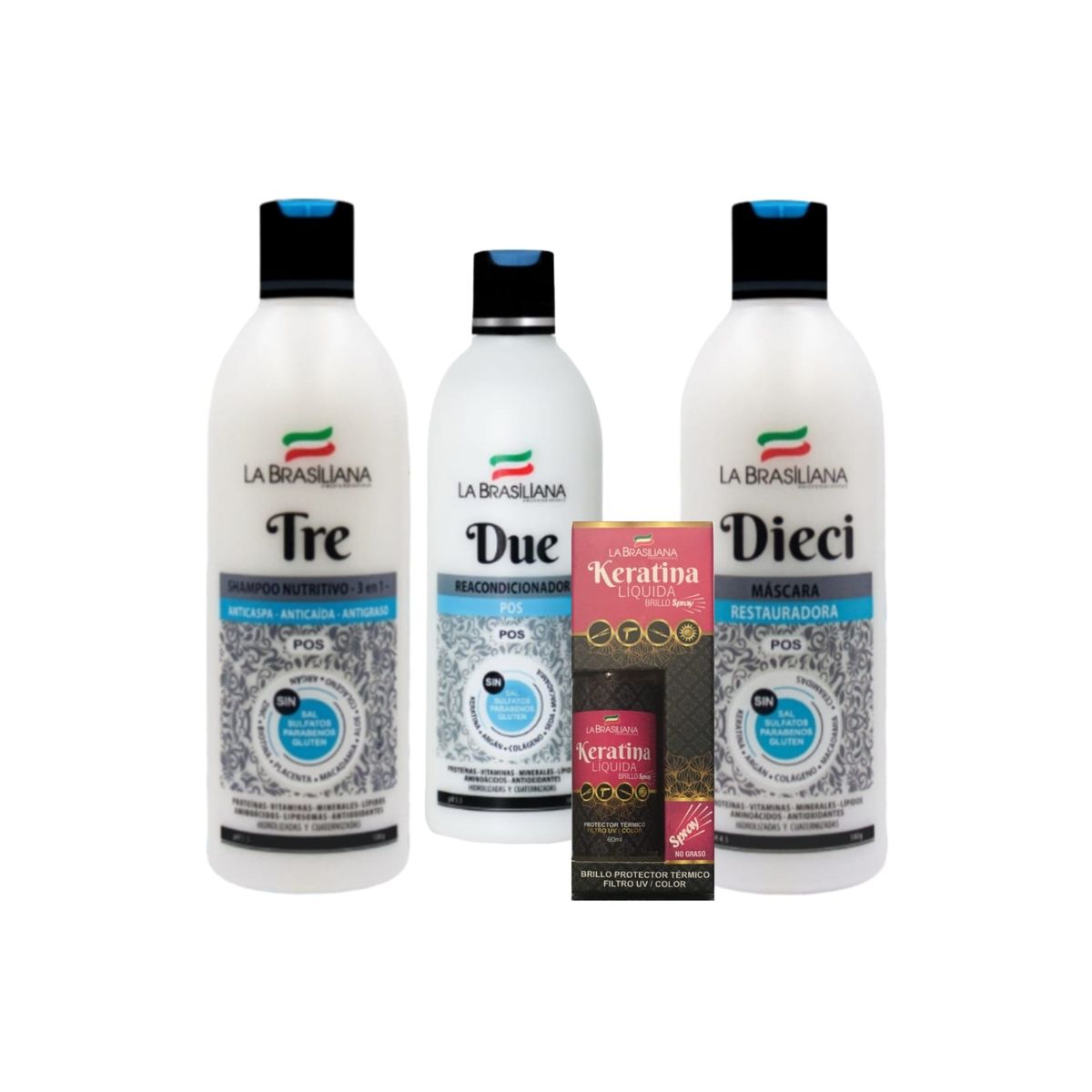 LA BRASILIANA - Kit Shampoo TRE + Reacondicionador + Mascara DIECI + PROTECTOR TERMICO