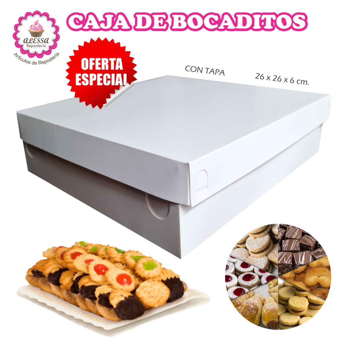 GENERICO - 100 Cajas de Bocaditos con Tapa para Repostería de 26 cm.