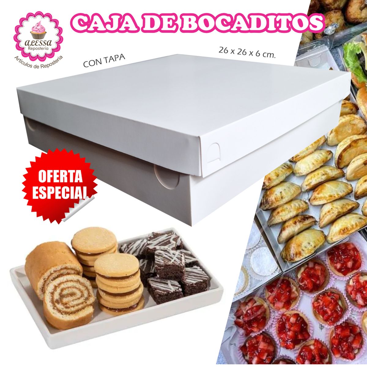 GENERICO - 50 Cajas de Bocaditos con Tapa para Repostería de 26 cm.