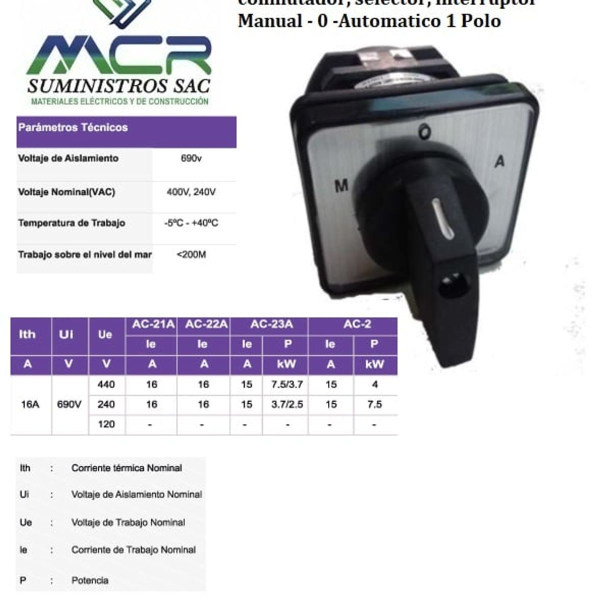 GENERICO - conmutador, selector, interruptor Manual - 0 -Automatico 1 Polo