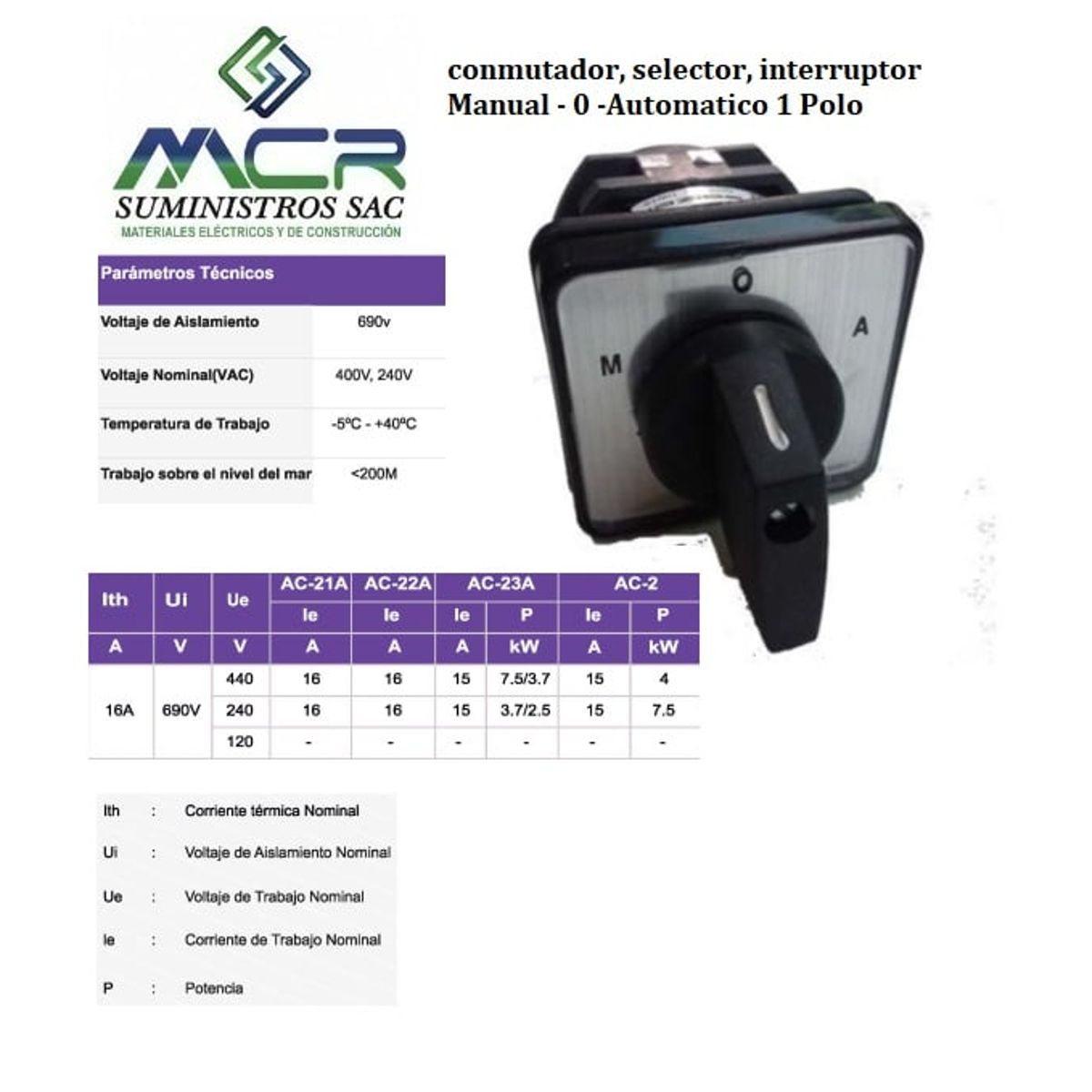 GENERICO - conmutador, selector, interruptor Manual - 0 -Automatico 1 Polo