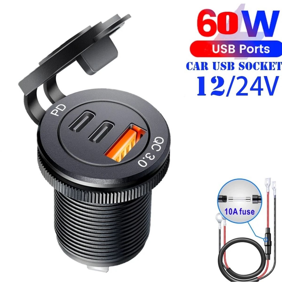 GENERICO - Cargador tipo C y USB Para Auto - 60W PD - Empotrable