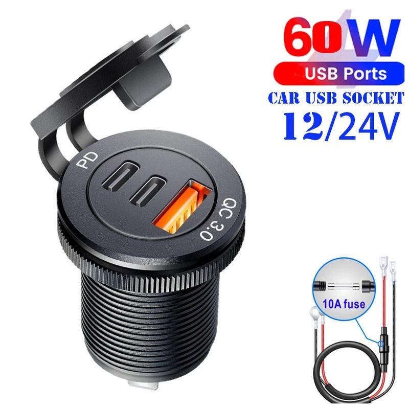 GENERICO - Cargador tipo C y USB Para Auto - 60W PD - Empotrable