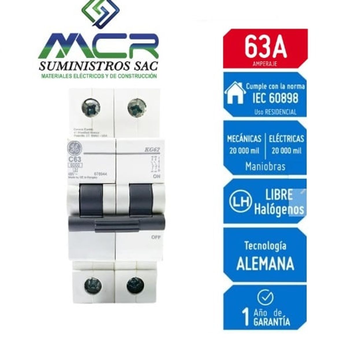 GENERAL ELECTRIC - Interruptor Termomagnético 2x63A GENERAL ELECTRIC