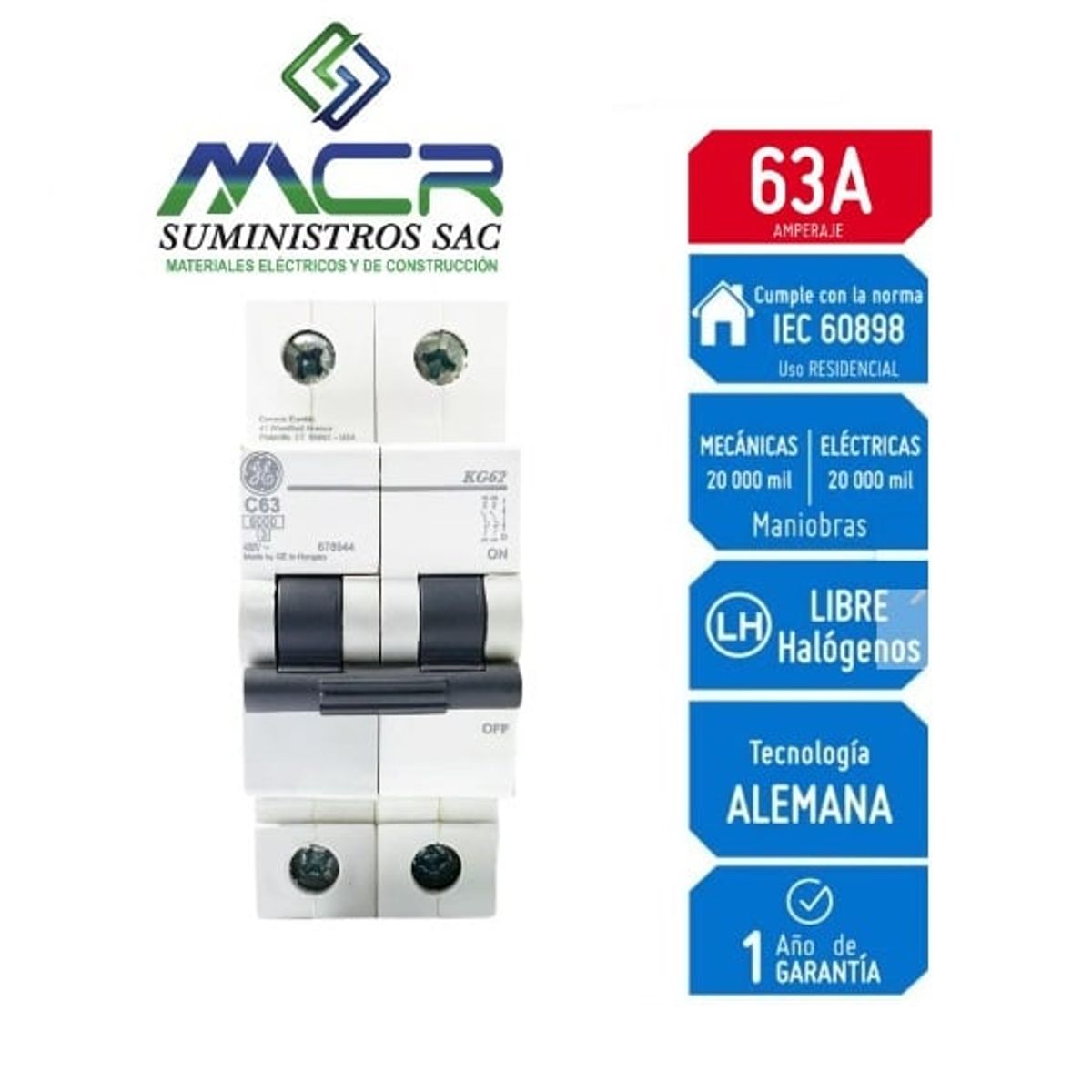 GENERAL ELECTRIC - Interruptor Termomagnético 2x63A GENERAL ELECTRIC