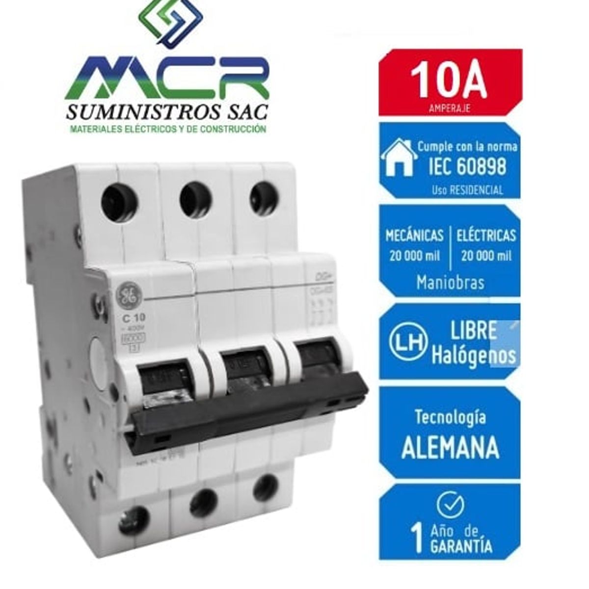 GENERAL ELECTRIC - Interruptor Termomagnético 3X10A GENERAL ELECTRIC
