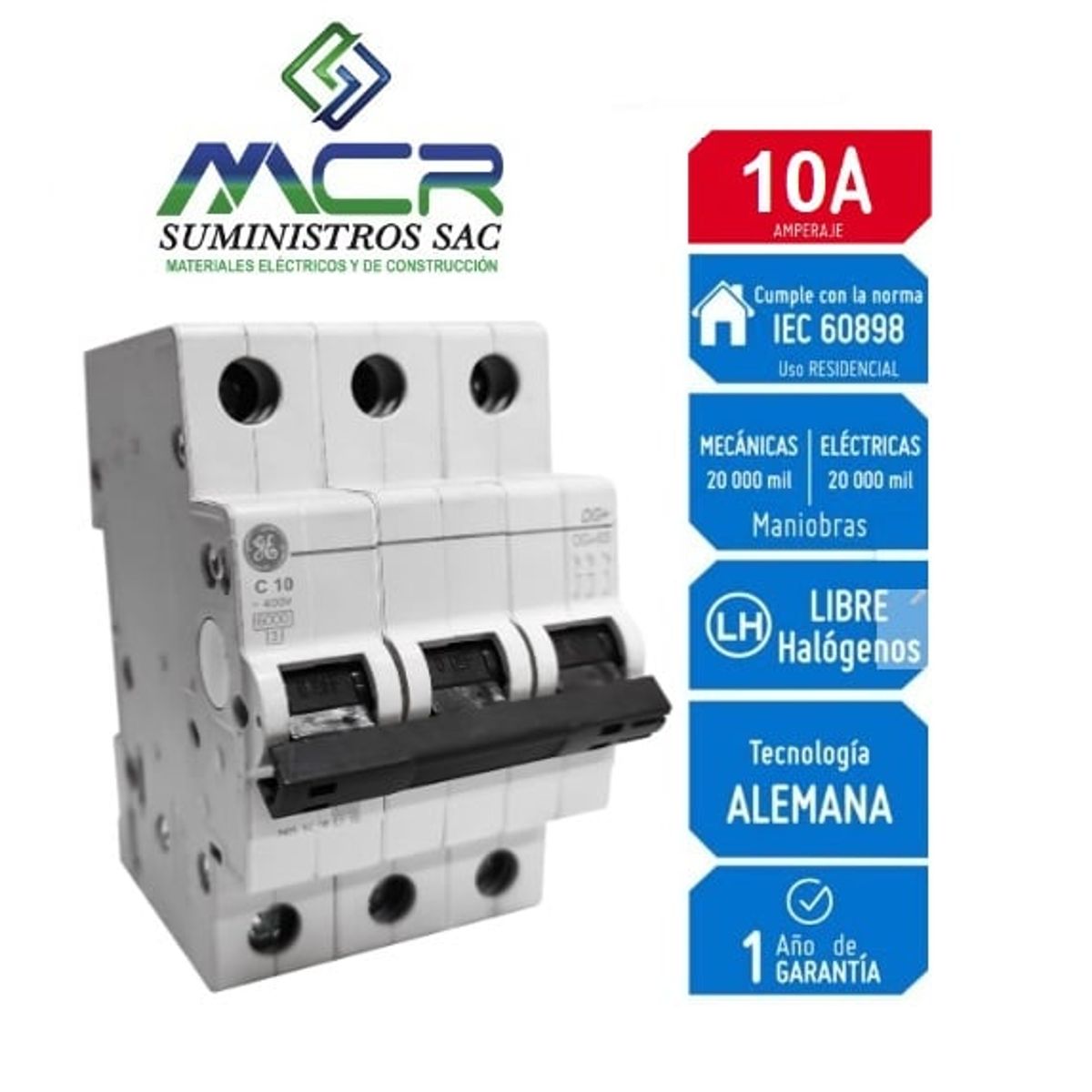GENERAL ELECTRIC - Interruptor Termomagnético 3X10A GENERAL ELECTRIC