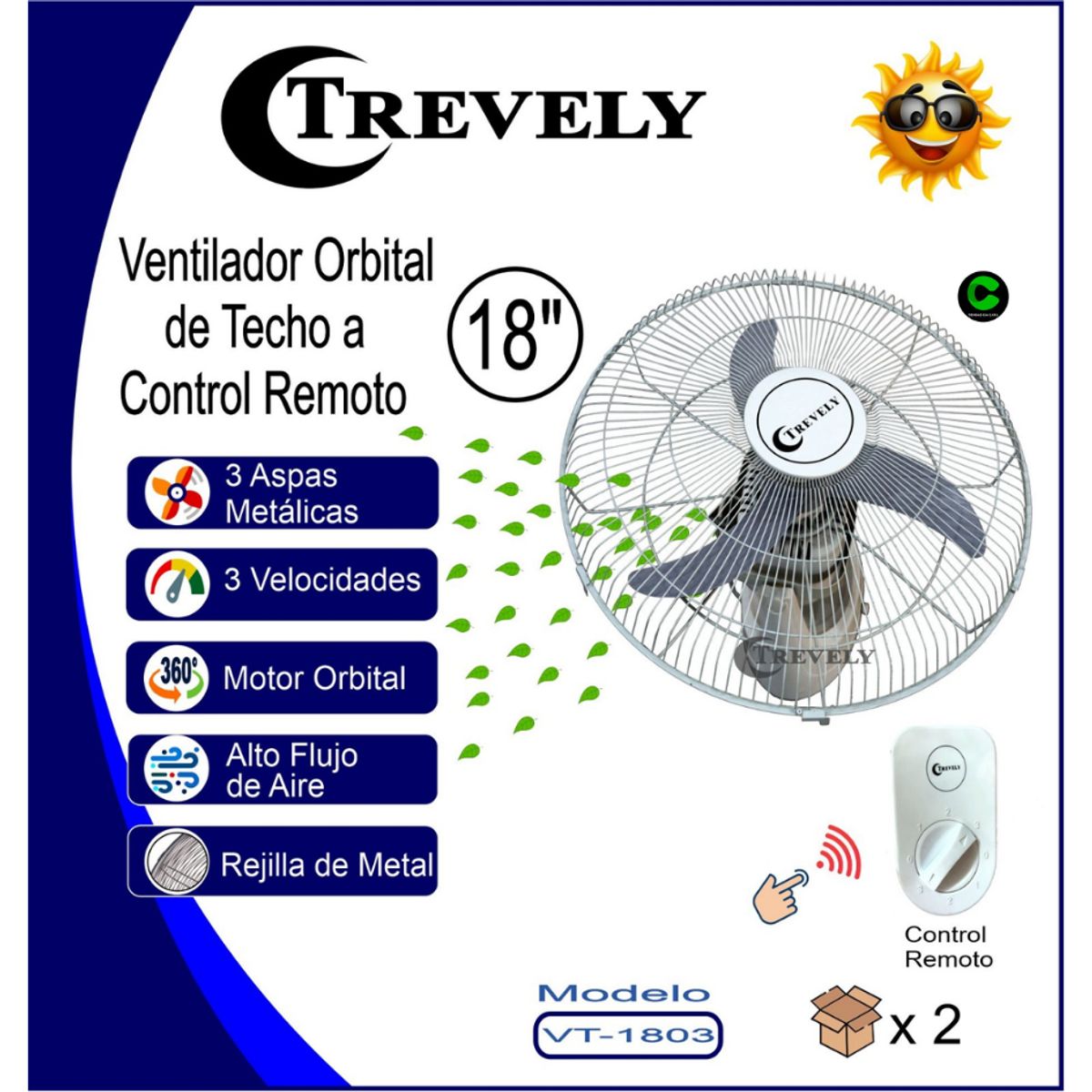 TREVELY - Ventilador De Techo Trevely Vt-1803 18 80 Watts 3 Aspas con Control