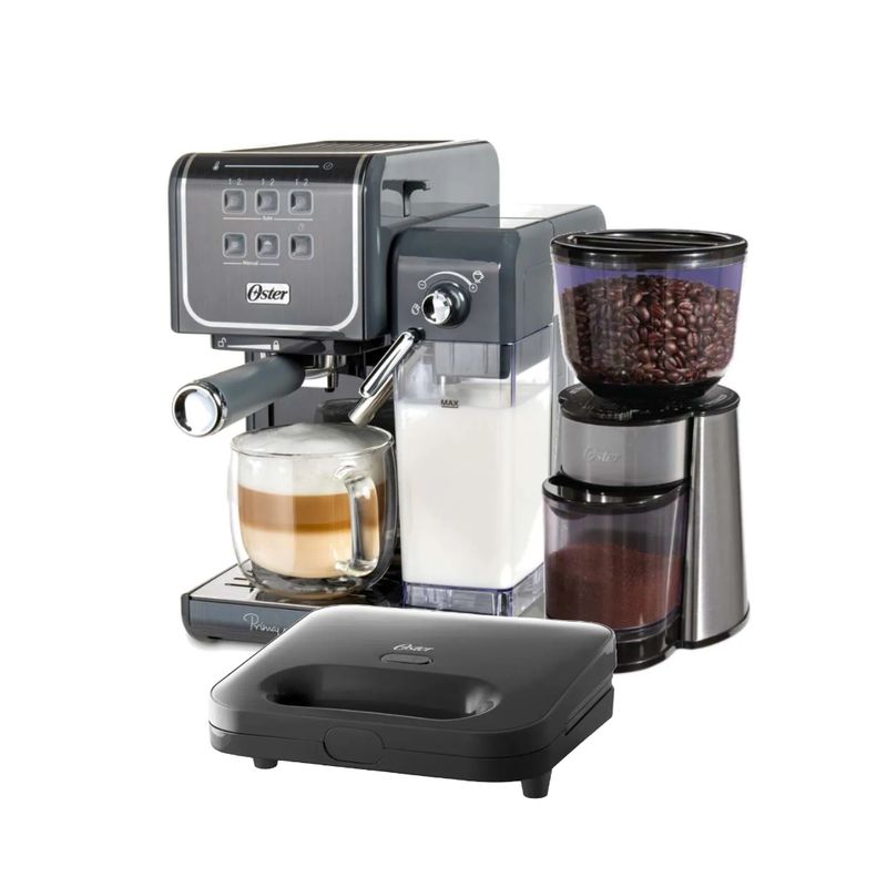 OSTER - Combo Oster Cafetera PrimaLatte + Molinillo de Café + Sandwichera