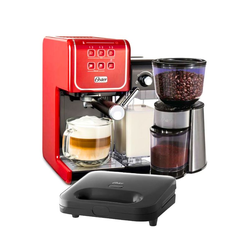 OSTER - Combo Oster Cafetera PrimaLatte + Molinillo de Café + Sandwichera