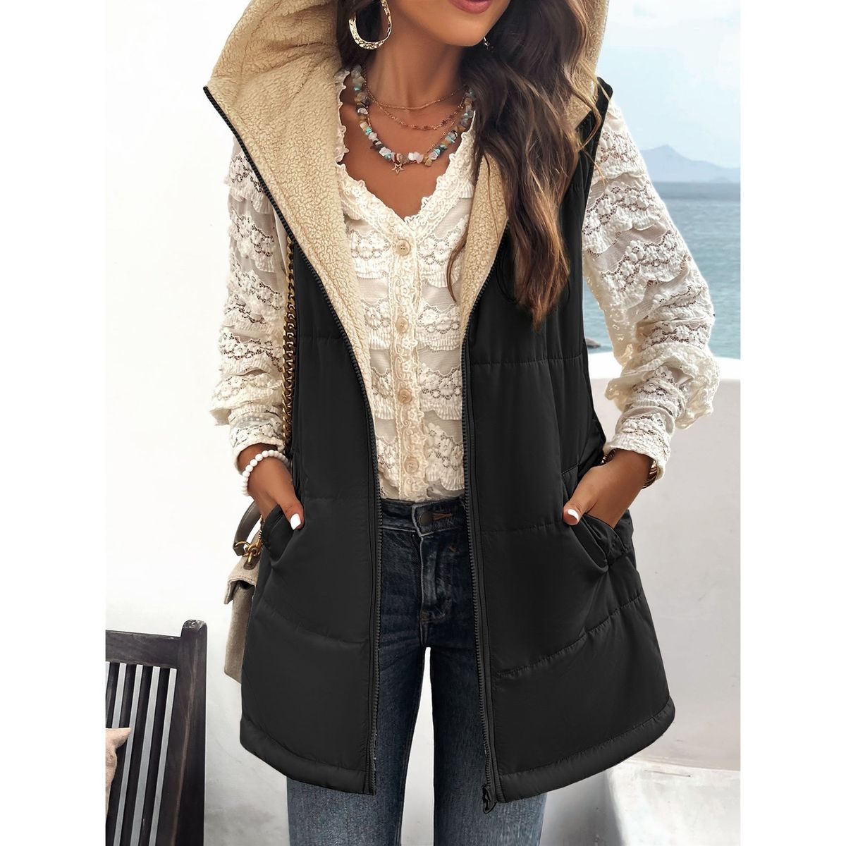 TIOZONEY - Chaqueta Chiporro Mujer sin mangas - Negro