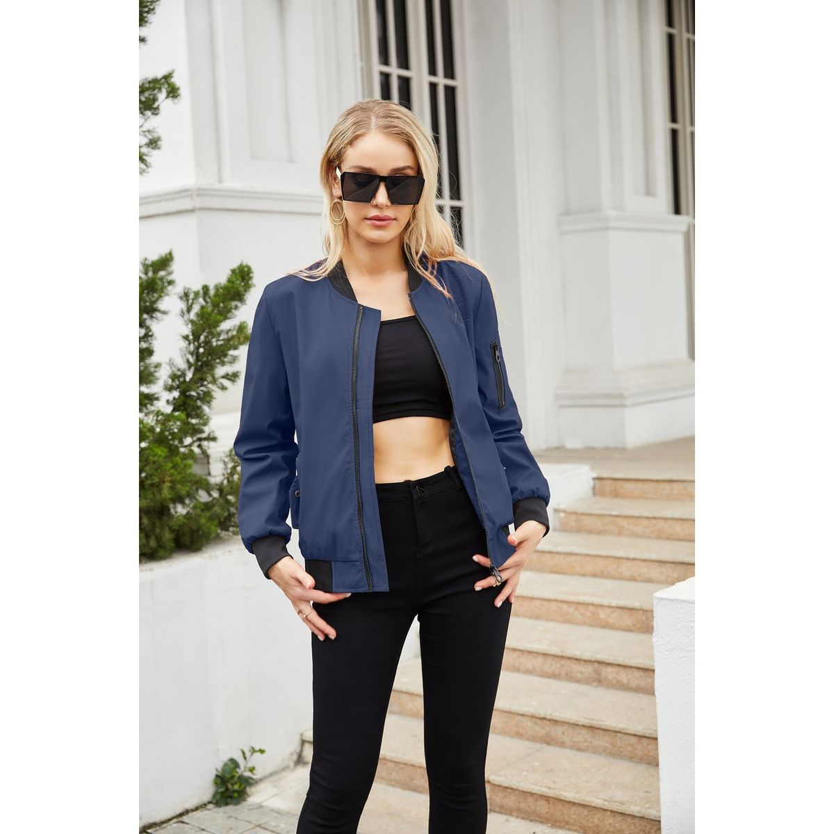 TIOZONEY - Chaqueta de manga larga con cierre para mujer - Azul