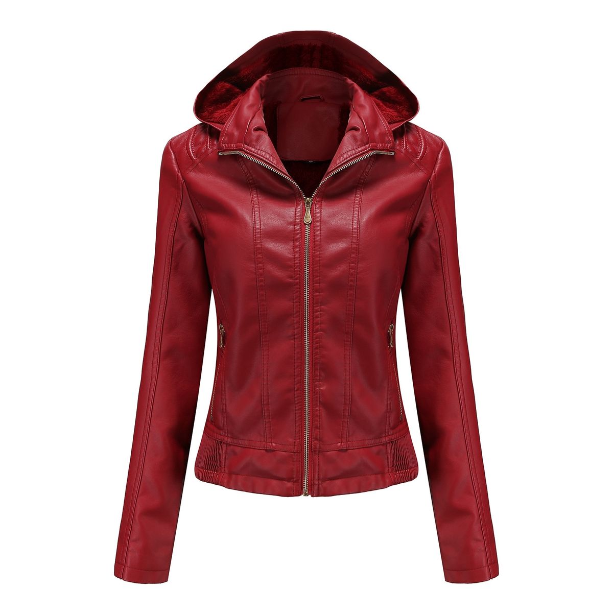 TIOZONEY - Chaqueta de PU para mujer con gorro desmontable - Rojo