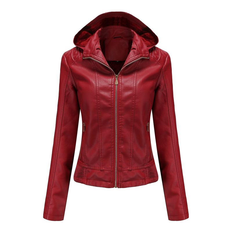 TIOZONEY - Chaqueta de PU para mujer con gorro desmontable - Rojo