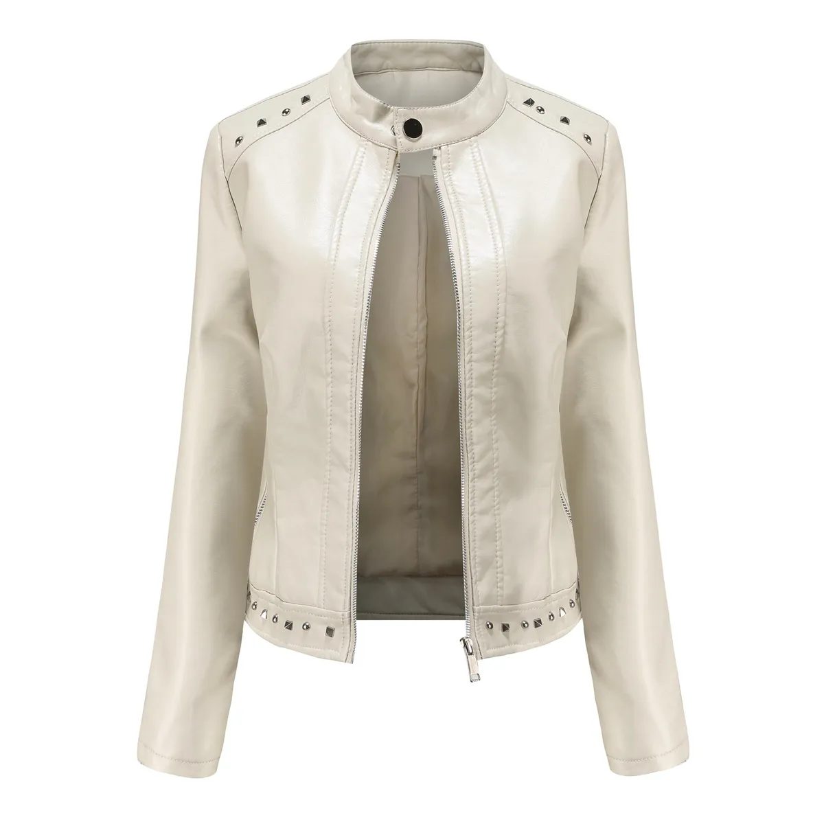 TIOZONEY - Chaqueta de PU con tachuelas y cuello alto para mujer - Blanco