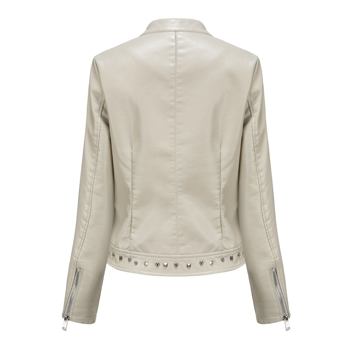 TIOZONEY - Chaqueta de PU con tachuelas y cuello alto para mujer - Blanco