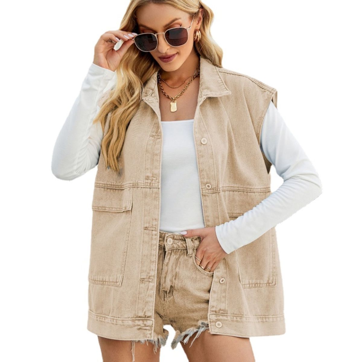 TIOZONEY - Chaqueta Jeans sin mangas Mujer - Beige