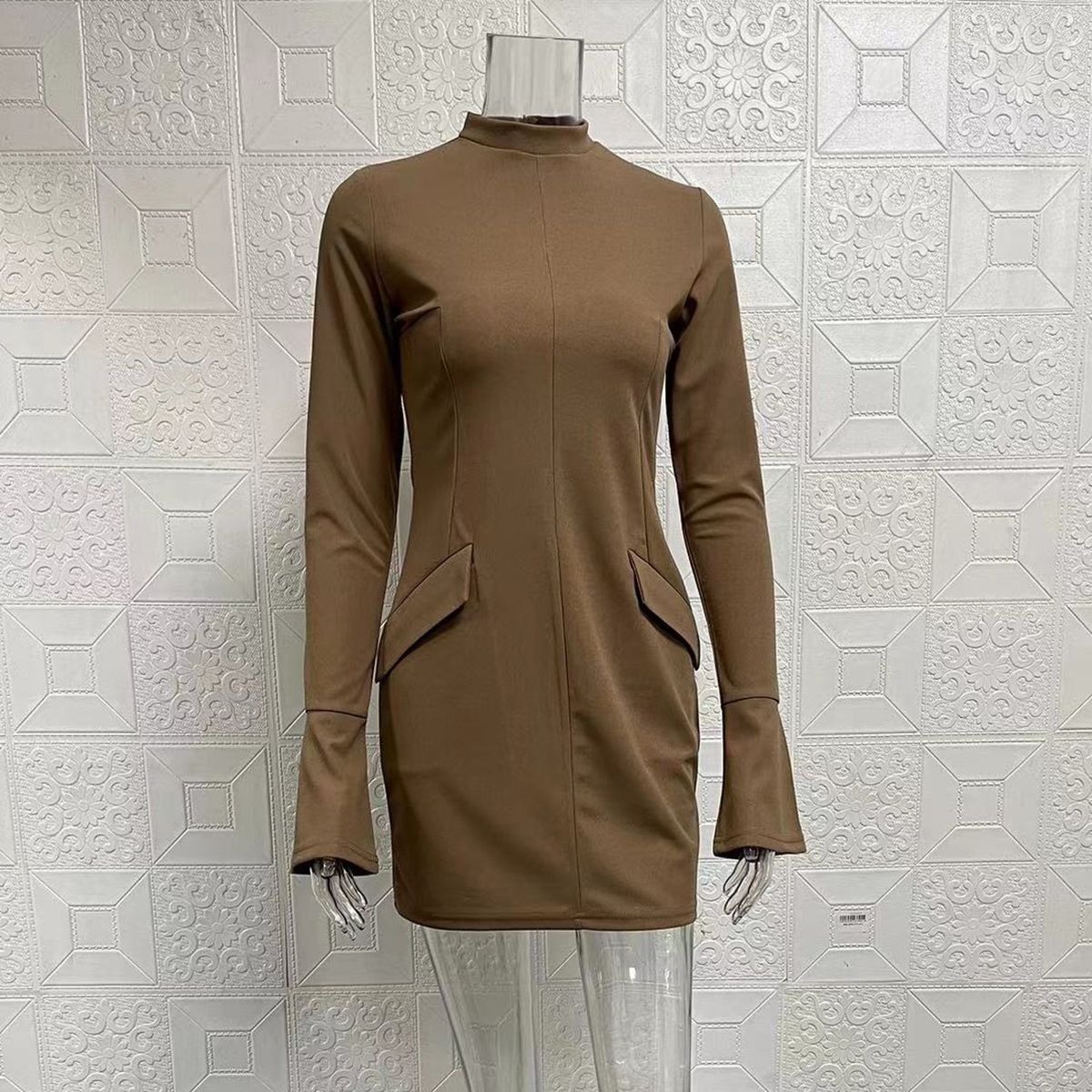 TIOZONEY - Vestido Mini manga larga para Mujer- Café Claro