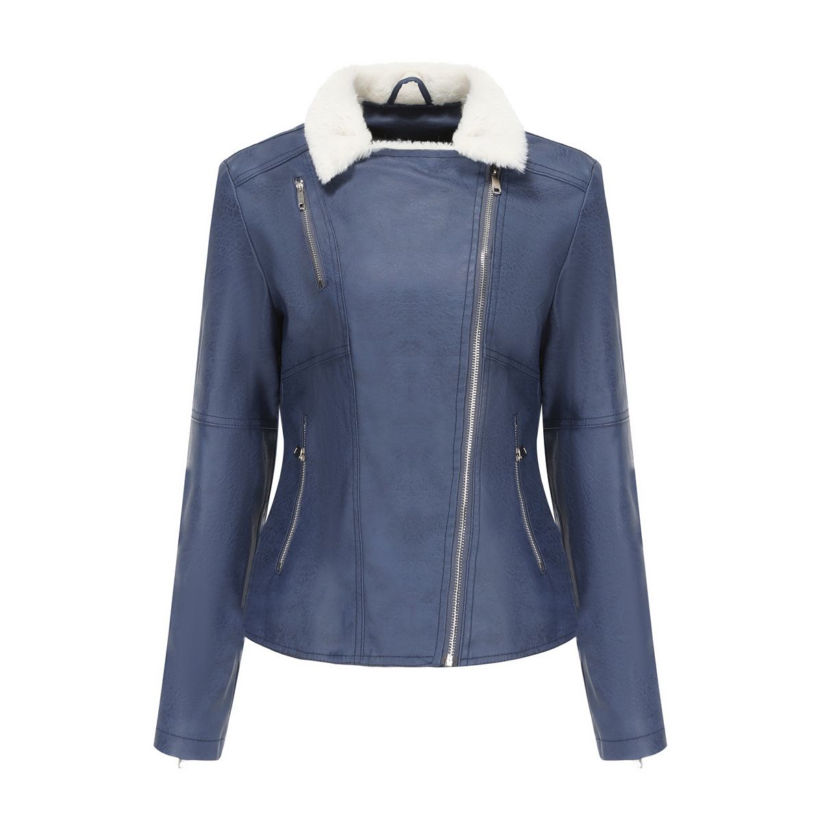 TIOZONEY - Chaqueta de PU con cuello cálido para mujer - Azul